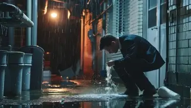 Emergency Plumber Costs Explained | Muhammad Niaz Man in a business suit crouches in a dim alley, splashing water from a puddle under a streetlamp in the rain.